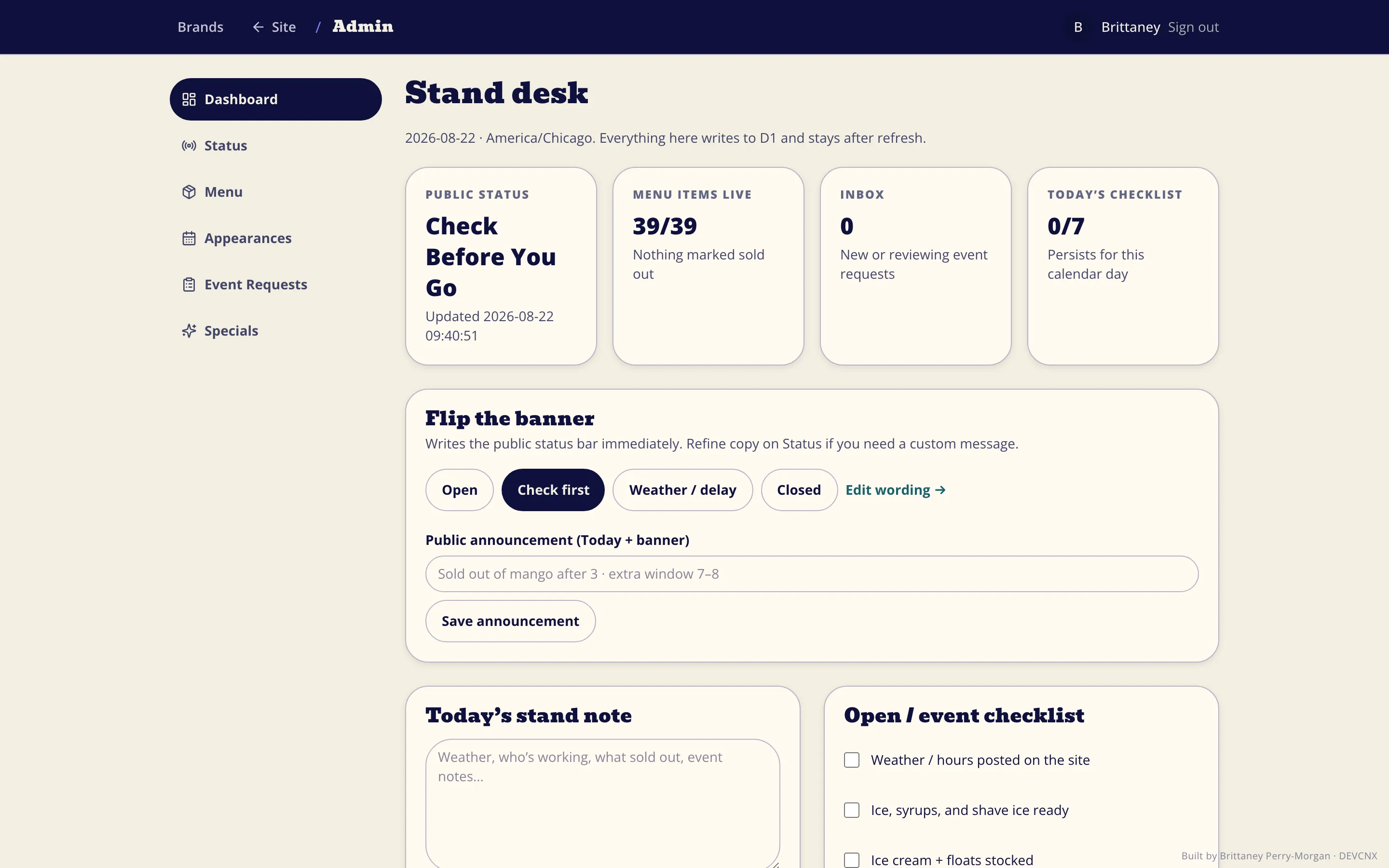 Admin stand desk with one-tap status banner controls and a daily checklist