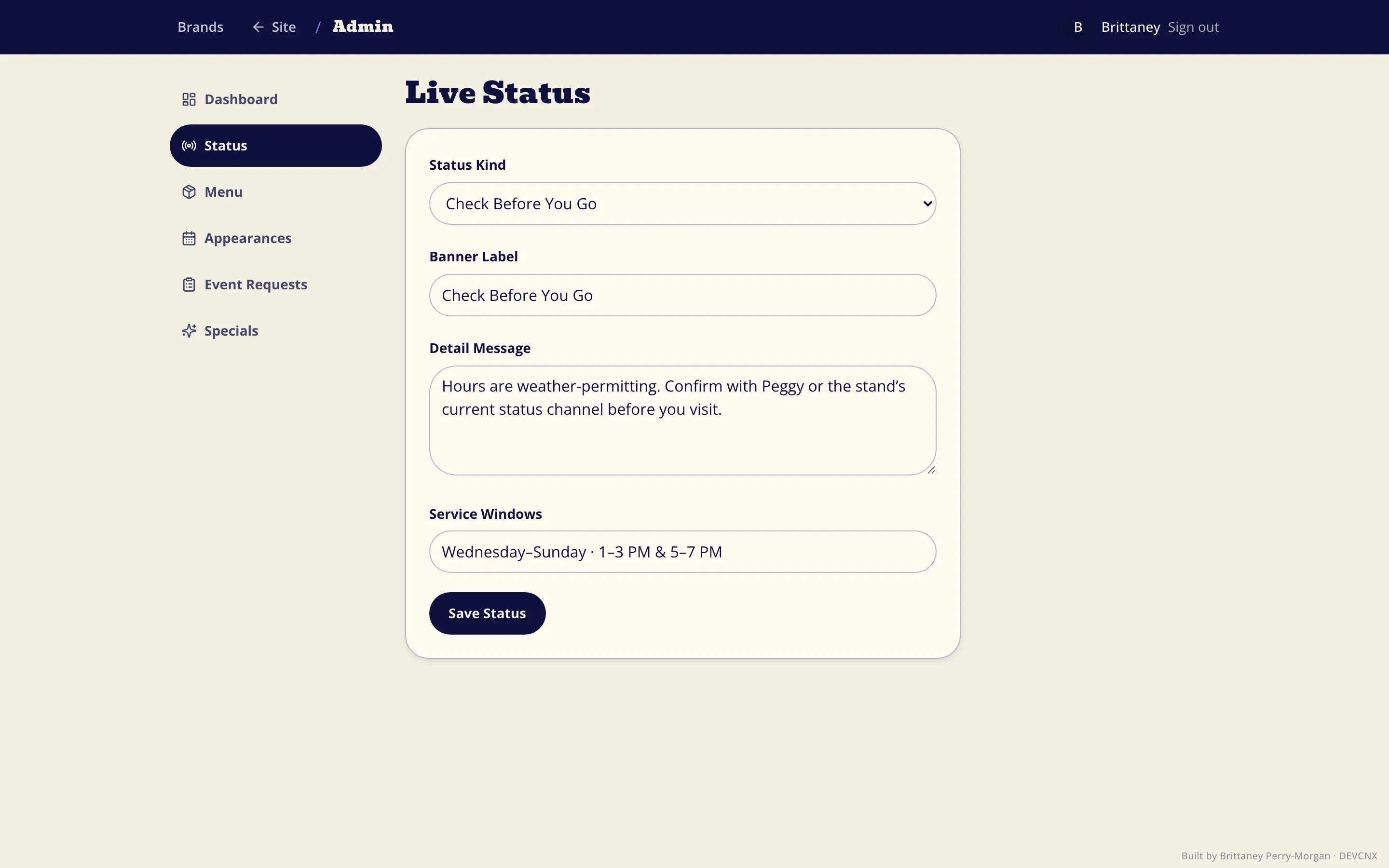 Admin Live Status form for banner label, detail message, and service windows