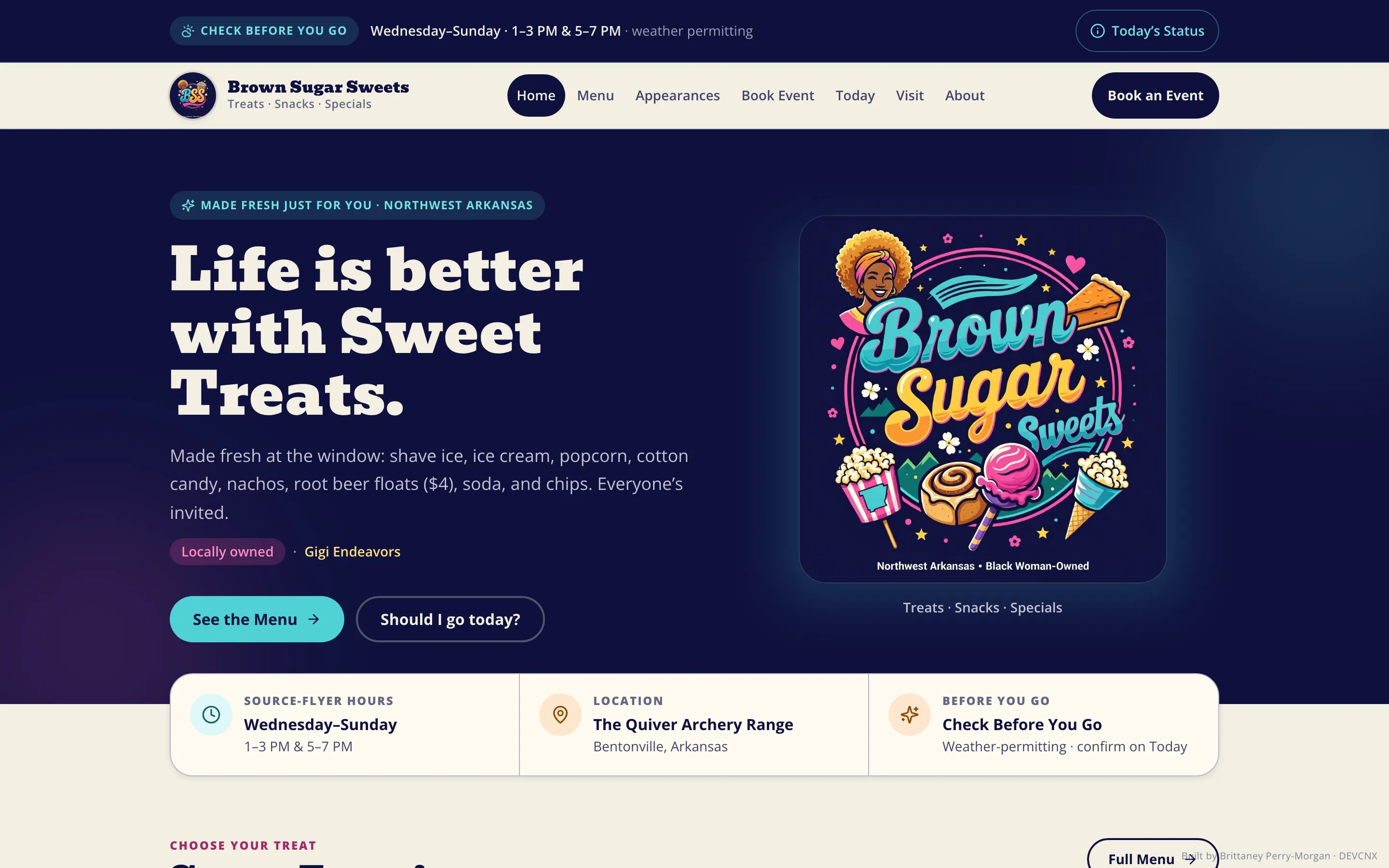 Brown Sugar Sweets public homepage with hours, location, and treat menu