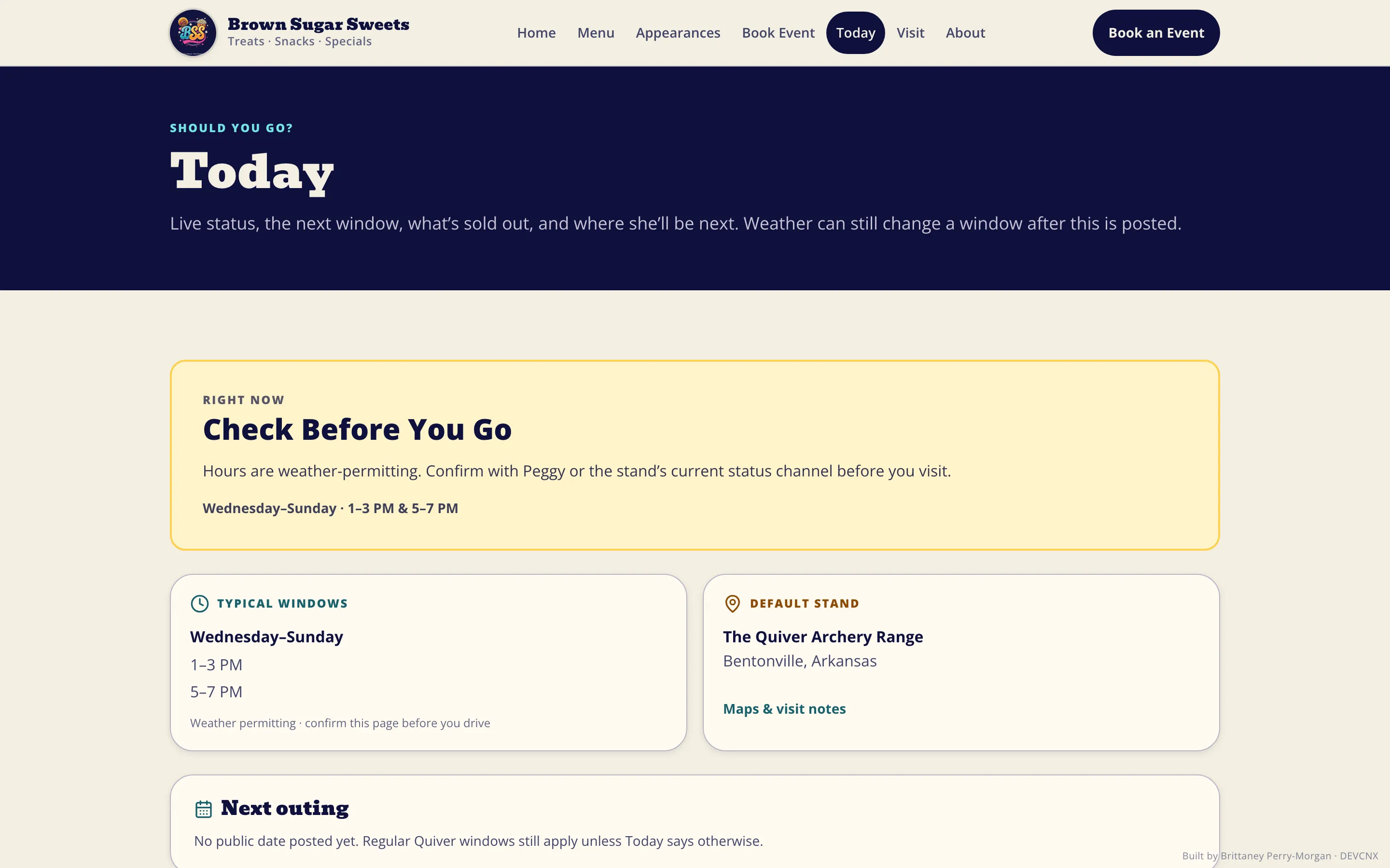 Today page showing live status, service windows, and the next outing