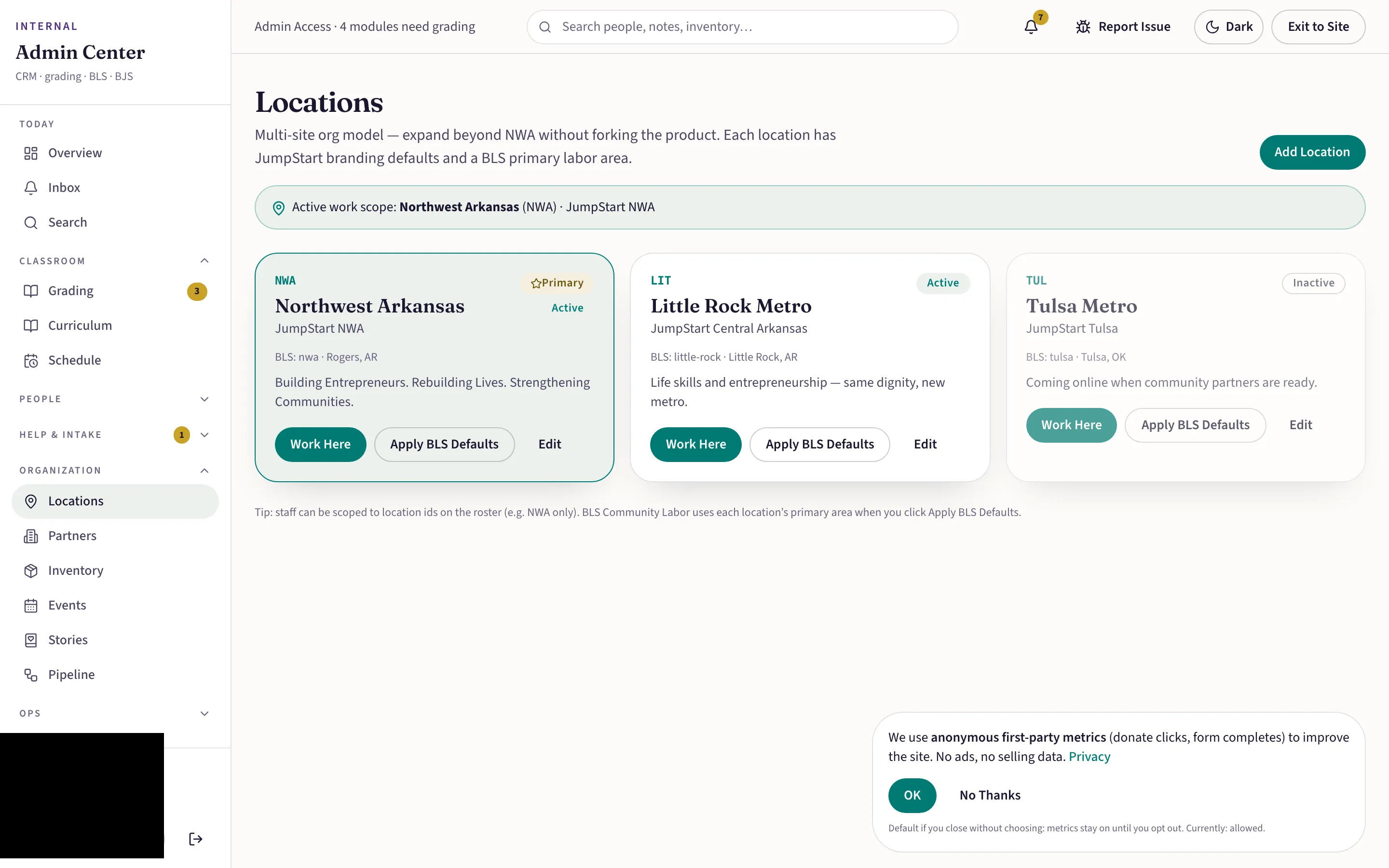 Staff locations page listing service areas
