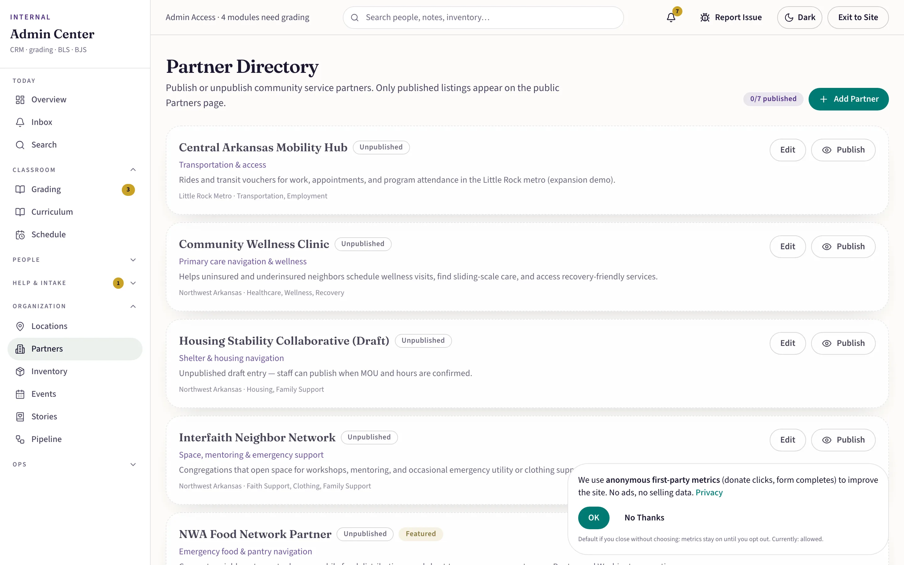 Staff partners page where community service listings are published