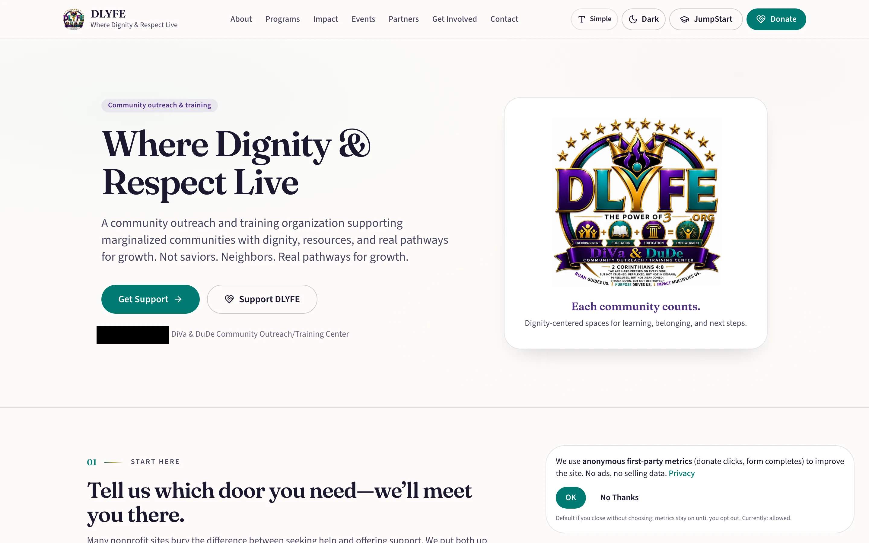 DLYFE public homepage with navigation and mission statement