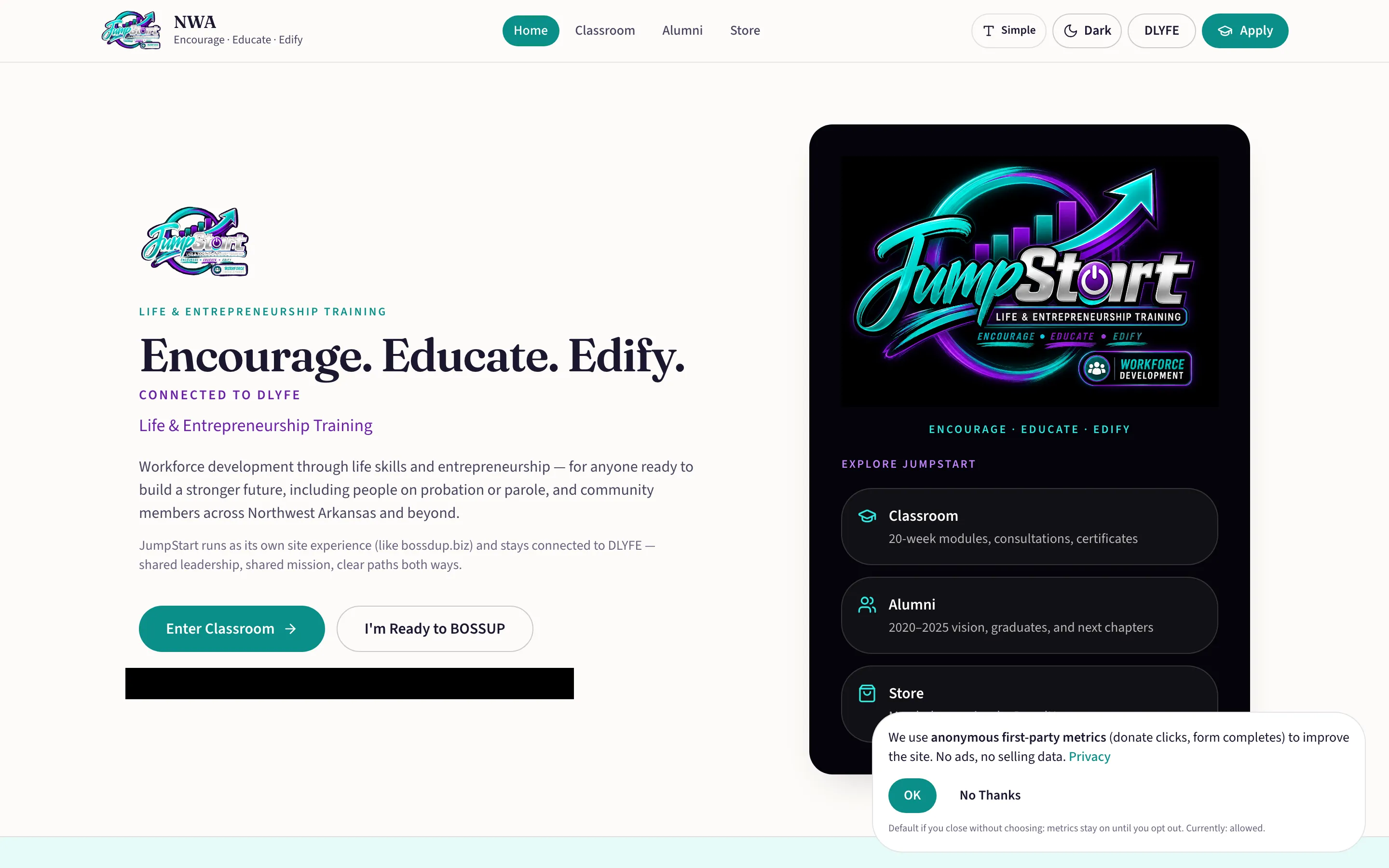 JumpStart NWA page describing life and entrepreneurship training