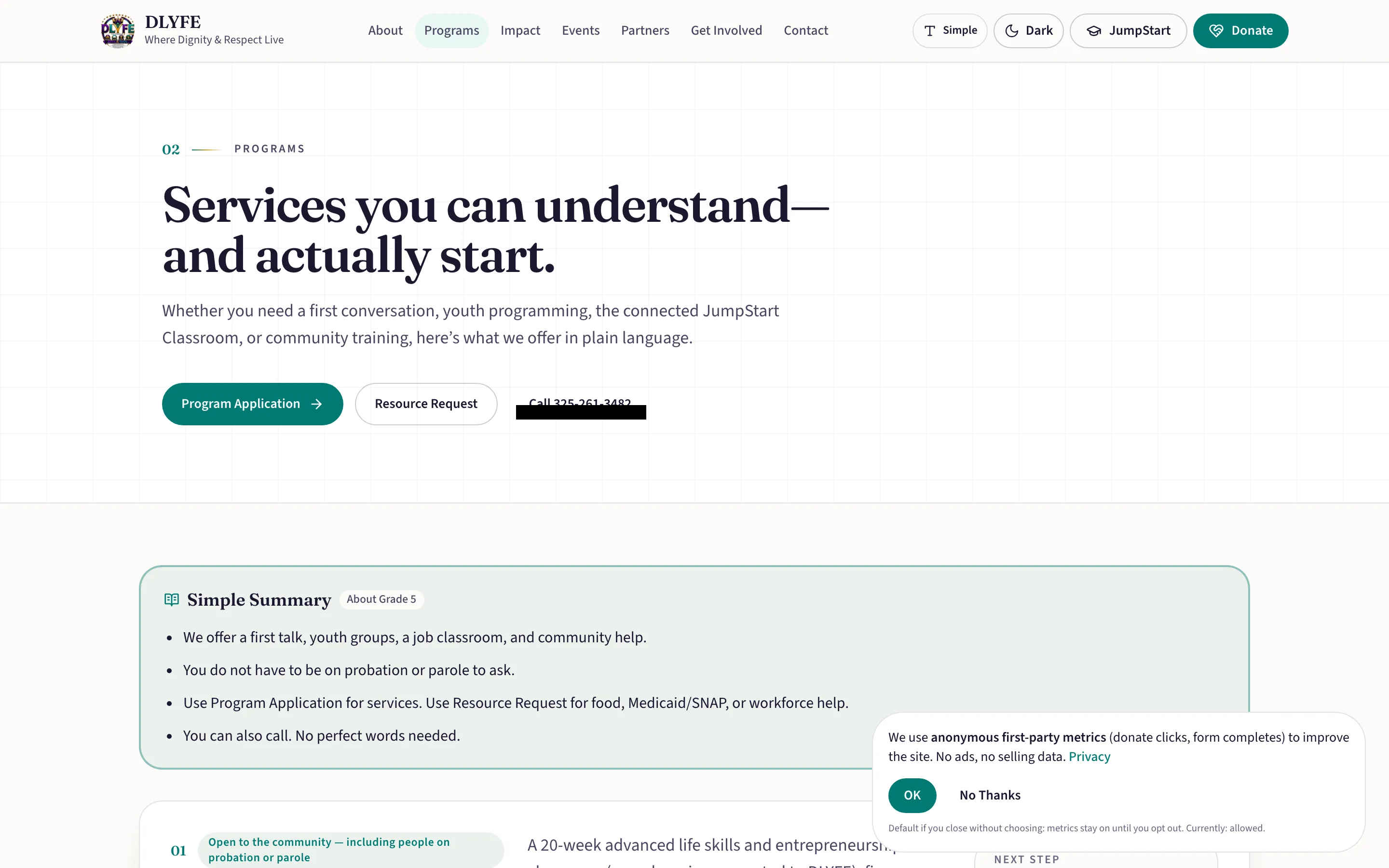 Programs page listing services in plain language